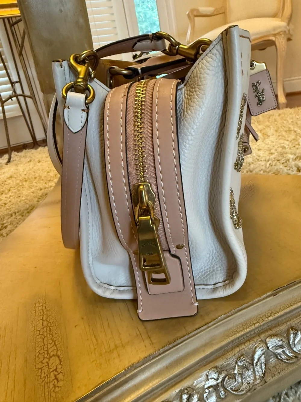 Coach Rogue 25 Tea Rose Appliqué Satchel Chalk Glovetanned Leather Rare NWOT